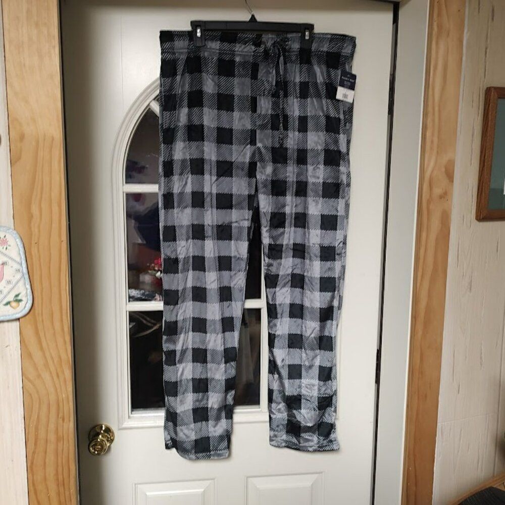 New Preswick & Moore Black Gray Checked Silky Fleece Sleep Pants Men's XL